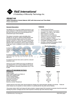 RE46C144 datasheet - CMOS Photoelectric Smoke Detector ASIC with Interconnect and Timer Mode