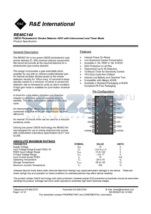 RE46C144 datasheet - CMOS Photoelectric Smoke Detector ASIC with Interconnect and Timer Mode