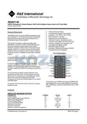 RE46C146 datasheet - CMOS Photoelectric Smoke Detector ASIC with Intelligent Interconnect and Timer Mode