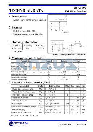 SSA1197 datasheet - PNP Silicon Transistor