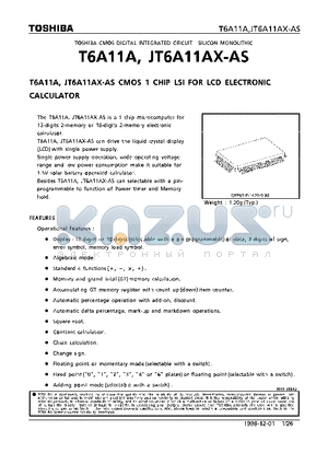 T6A11A datasheet - CMOS 1 CHIP LSI FOR LCD SLECTRONIC CALCUTATOR