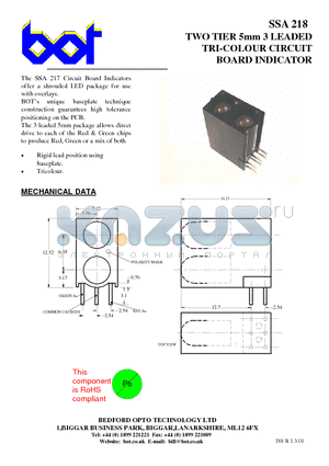 SSA218 datasheet - TWO TIER 5mm 3 LEADED TRI-COLOUR CIRCUIT BOARD INDICATOR