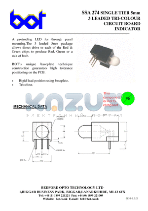 SSA274 datasheet - SINGLE TIER 5mm 3 LEADED TRI-COLOUR CIRCUIT BOARD INDICATOR