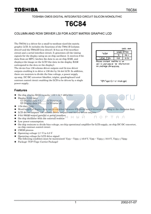 T6C84 datasheet - COLUMN AND ROW DRIVER LSI FOR A DOT MATRIX GRAPHIC LCD