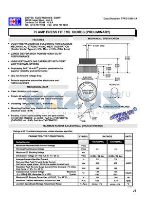 TVS7524PFA datasheet - 75 AMP PRESS FIT TVS DIODES (PRELIMINARY)