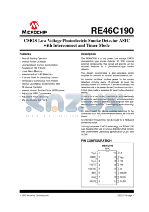 RE46C190 datasheet - CMOS Low Voltage Photoelectric Smoke Detector ASIC with Interconnect