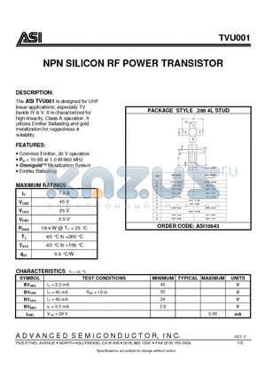 TVU001_07 datasheet - NPN SILICON RF POWER TRANSISTOR