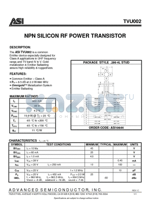 TVU002 datasheet - NPN SILICON RF POWER TRANSISTOR