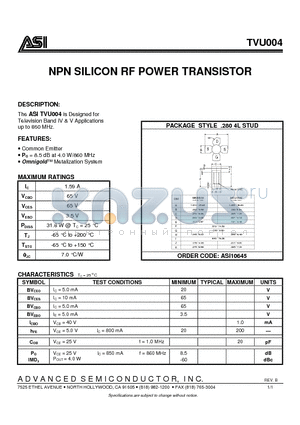 TVU004 datasheet - NPN SILICON RF POWER TRANSISTOR