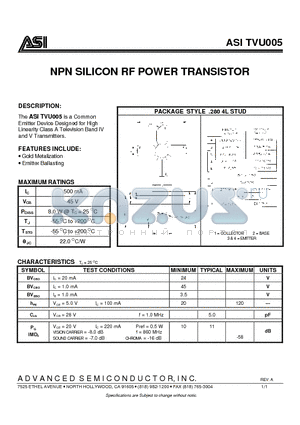 TVU005 datasheet - NPN SILICON RF POWER TRANSISTOR