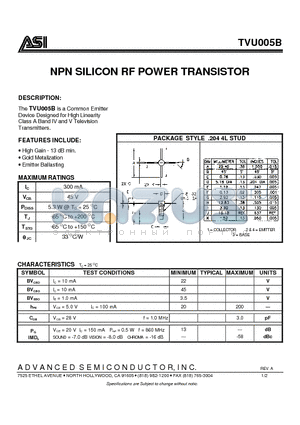 TVU005B datasheet - NPN SILICON RF POWER TRANSISTOR