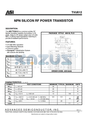 TVU012_07 datasheet - NPN SILICON RF POWER TRANSISTOR