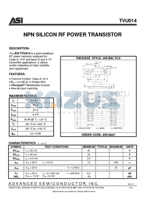 TVU014 datasheet - NPN SILICON RF POWER TRANSISTOR