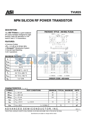 TVU025_07 datasheet - NPN SILICON RF POWER TRANSISTOR