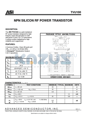 TVU100 datasheet - NPN SILICON RF POWER TRANSISTOR