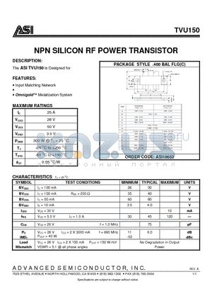 TVU150 datasheet - NPN SILICON RF POWER TRANSISTOR