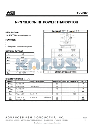 TVV007 datasheet - NPN SILICON RF POWER TRANSISTOR