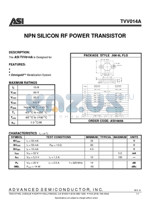 TVV014A datasheet - NPN SILICON RF POWER TRANSISTOR