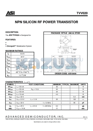 TVV020 datasheet - NPN SILICON RF POWER TRANSISTOR