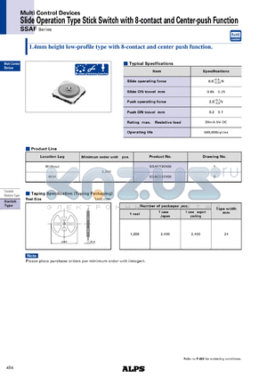 SSAF120100 datasheet - Slide Operation Type Stick Switch with 8-contact and Center-push Function