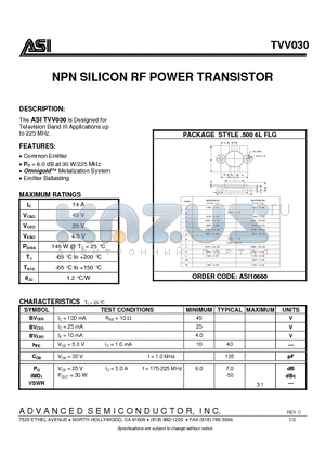 TVV030 datasheet - NPN SILICON RF POWER TRANSISTOR