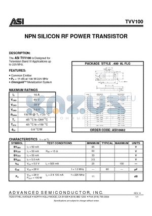 TVV100 datasheet - NPN SILICON RF POWER TRANSISTOR