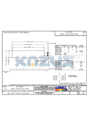 SSB-COB15031GW datasheet - 150mm x 31mm VIEW AREA, CHIPS ON BOARD LED BACKLIGHT 565mm GREEN, 120 CHIPS, 4.2V 600mA