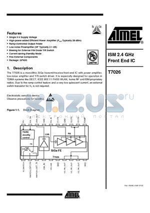 T7026-PGP datasheet - ISM 2.4 GHz Front End IC