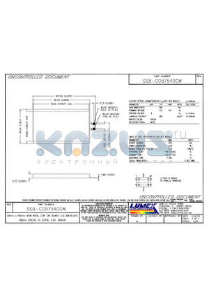 SSB-COB7540GW datasheet - 75mm x 40mm VIEW AREA, CHIP ON BOARD LED BACKLIGHT, 565NM green