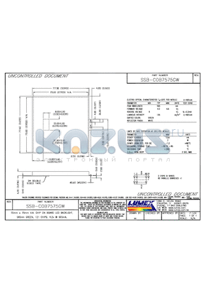 SSB-COB7575GW datasheet - 75mm x 75mm VIEW AREA, CHIP ON BOARD LED BACKLIGHT, 565NM green