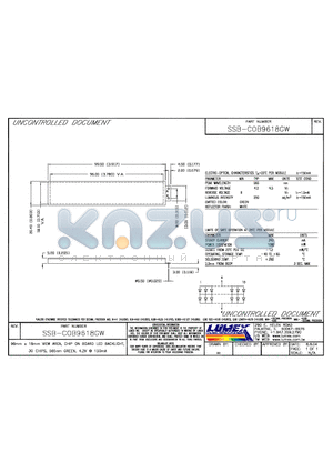 SSB-COB9618GW datasheet - 96mm x 18mm VIEW AREA, CHIP ON BOARD LED BACKLIGHT, 30 CHIPS, 565mm GREEN, 4.2V 150mA