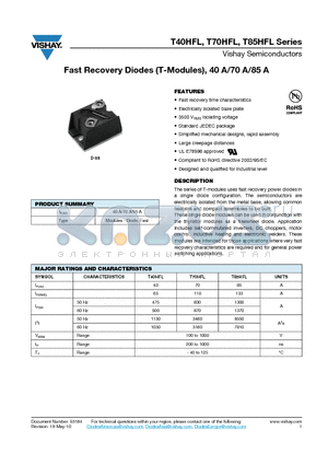 T70HFL100S02 datasheet - Fast Recovery Diodes (T-Modules), 40 A/70 A/85 A