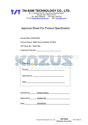 TW0138A datasheet - SMD Clock Oscillator 32 MHz