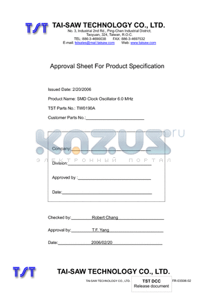 TW0190A datasheet - SMD Clock Oscillator 6.0 MHz