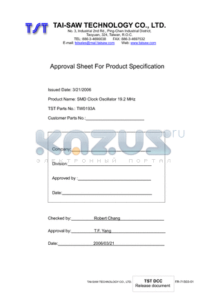 TW0193A datasheet - SMD Clock Oscillator 19.2 MHz