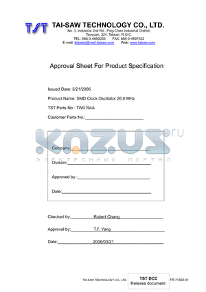 TW0194A datasheet - SMD Clock Oscillator 26.0 MHz