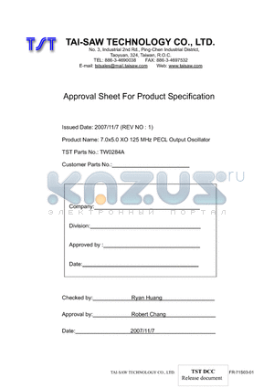 TW0284A datasheet - 7.0x5.0 XO 125 MHz PECL Output Oscillator