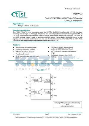 T73LVP22 datasheet - Dual 3.3V LVTTL/LVCMOS-to-Differential