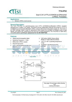 T73LVP22-S08 datasheet - Dual 3.3V LVTTL/LVCMOS-to-Differential