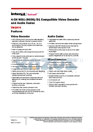 TW2974 datasheet - 4-CH WD1 (960H)/D1 Compatible Video Decoder and Audio Codec