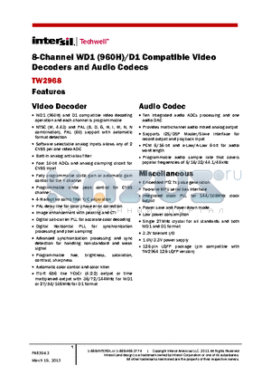 TW2968 datasheet - 8-Channel WD1 (960H)/D1 Compatible Video Decoders and Audio Codecs