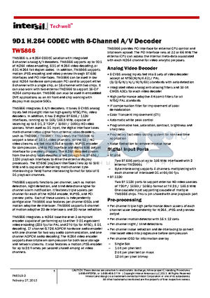 TW5866 datasheet - 9D1 H.264 CODEC with 8-Channel A/V Decoder