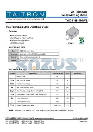 TWD4148-160WS datasheet - Two Terminals SMD Switching Diode