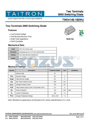 TWD4148-160WU datasheet - Two Terminals SMD Switching Diode