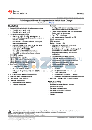 TWL6030B107CMRR datasheet - Fully Integrated Power Management with Switch Mode Charger