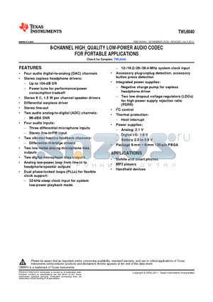 TWL6040A2ZQZ datasheet - 8-CHANNEL HIGH_QUALITY LOW-POWER AUDIO CODEC FOR PORTABLE APPLICATIONS