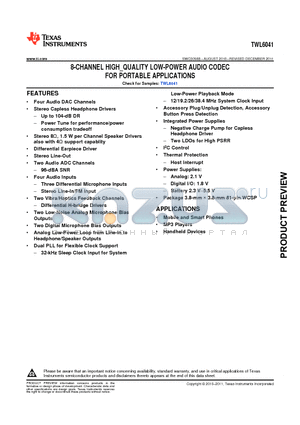 TWL6041 datasheet - 8-CHANNEL HIGH_QUALITY LOW-POWER AUDIO CODEC