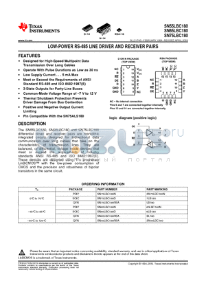 SN55LBC180RSAT datasheet - LOW-POWER RS-485 LINE DRIVER AND RECEIVER PAIRS