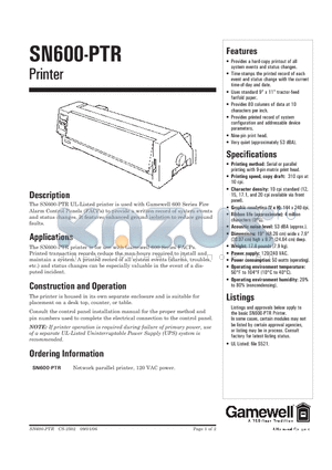 SN600-PTR datasheet - Network parallel printer, 120 VAC power