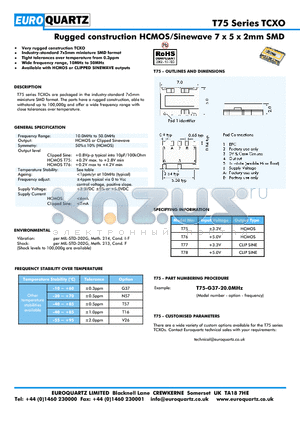 T75 datasheet - Rugged construction HCMOS/Sinewave 7 x 5 x 2mm SMD